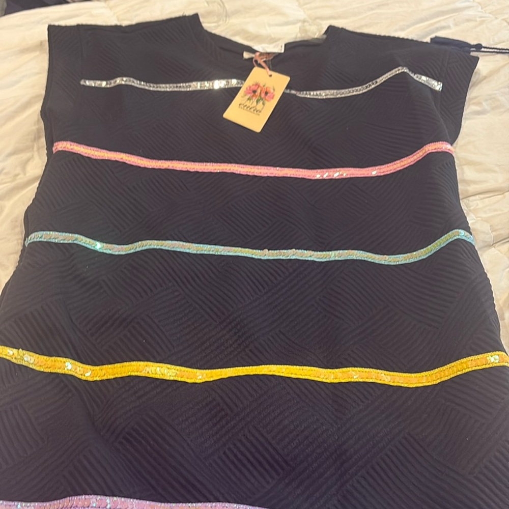 Entro Black Mini Dress with Multicolor Stripes